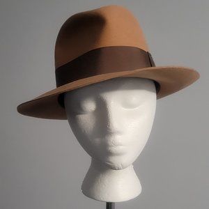 Vintage wool camel colored Fedora hat with feather detail on band